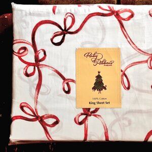 KING Size Cotton Red Holiday Bows Ribbons Sheet Set Christmas Holiday Ribbons